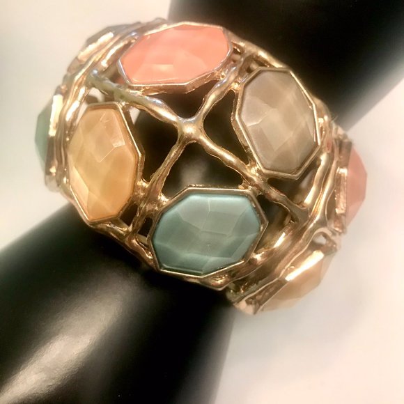 BEJEWELED CHUNKY CUFF/BRACELET PASTEL MULTICOLOR STONES & GOLDTONE 2 ½” WIDE - Picture 5 of 5
